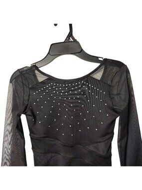 Justice Girls M (10) Black Long-Sleeve Mesh Gymnastics Leotard With Rhinestones